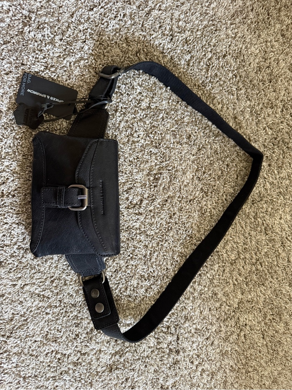 Black Leather Belt Bag with Buckle Strap Spikes And Sparrow
